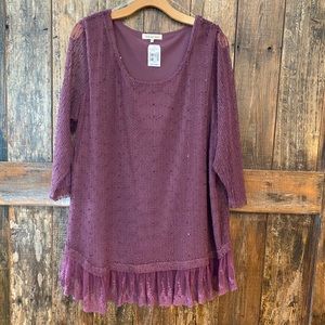 Indigo Soul 2X BOHO Purple Sequin Lagenlook Tunic Net Overlay Lined Ruffled Lace